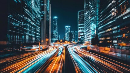 Obraz premium nightscape of urban sprawl shimmering metropolis bathed in the glow of countless lights unveiling the pulse of a vibrant and ever-changing skyline