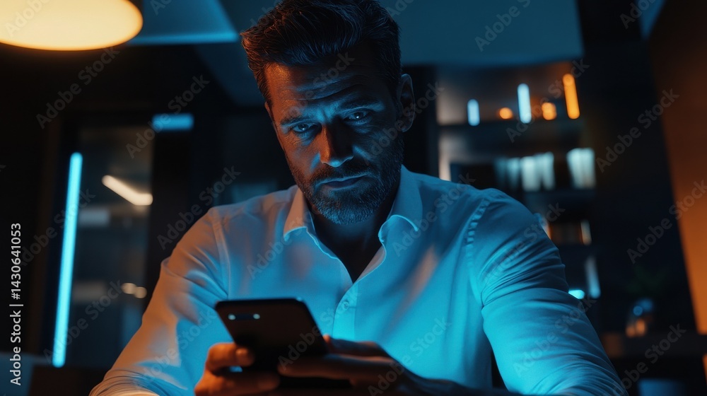 Aufkleber man with a finger on the screen using a mobile phone in the office