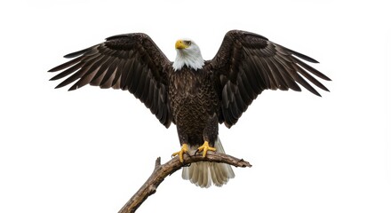 Majestic Bald Eagle Spreading Wings on a Branch Against a White Background. AI generatif