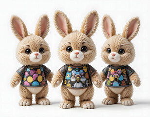 Fototapeta premium A charming scene of three fluffy cartoon rabbits with big, innocent eyes and cool graphic shirts.