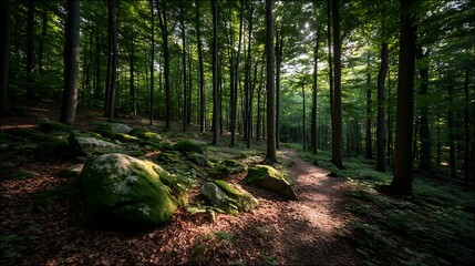 Fototapeta premium Forest path sunlight greenery nature
