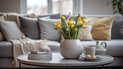 Fototapeta premium Yellow Tulips in Grey Vase on Coffee Table Modern Living Room Interior