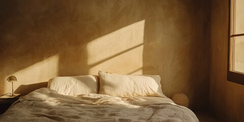 A minimalist bedroom with linen bedding in warm, neutral shades