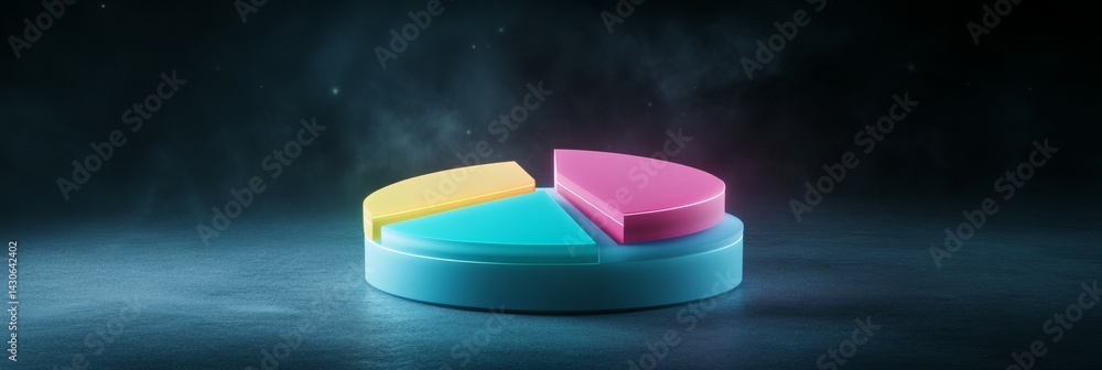Poster colorful pie chart with neon sections highlighting business data representation