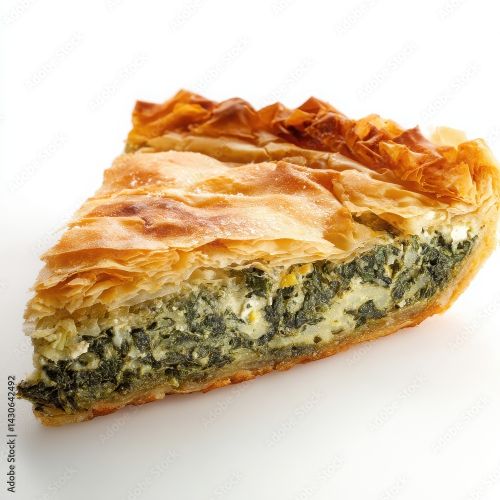 Poster a slice of spinach pie with a sticky crust on a white surface in close-up.
