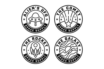 alien spaceship, ufo, rocket launcher, star meteor, galaxy, orbit, planet outline modern illustration badge logo design set for astronautic, science, galaxy, space, adventure, kids merchandise