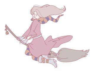 A whimsical witch with long flowing hair soaring gracefully on a broomstick, adorned in vibrant, colorful attire