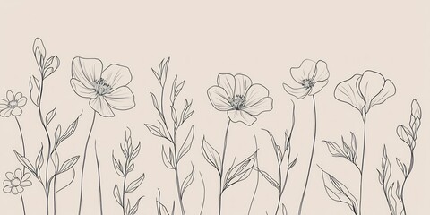 Fototapeta premium A minimalist botanical line art featuring delicate flowers and leaves on a neutral background