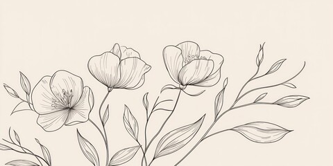 A minimalist botanical line art featuring delicate flowers and leaves on a neutral background