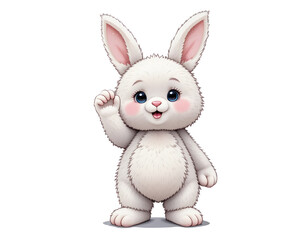 A cute digital rendering of a cartoon rabbit with rosy cheeks waving its hand.
