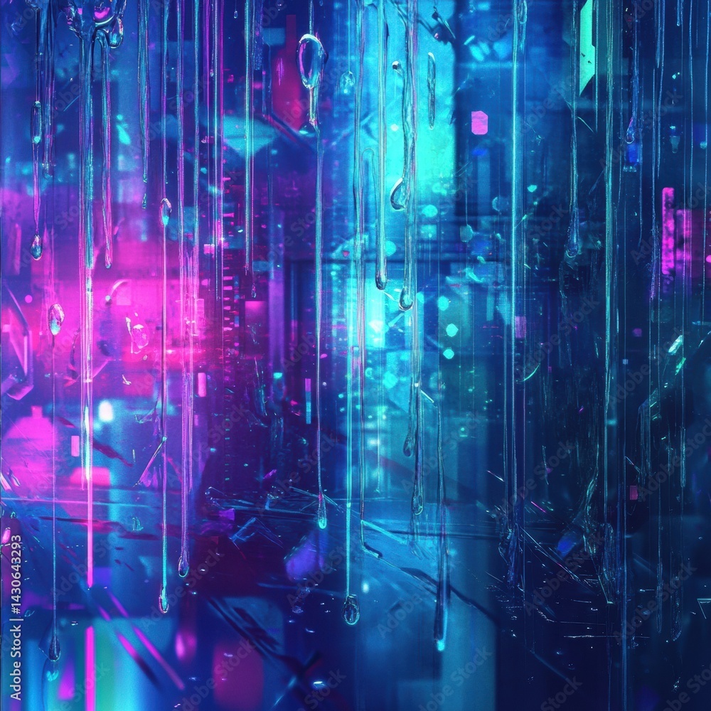 Poster raindrops transform into a mesmerizing futuristic abstract background filled with vibrant neon refle