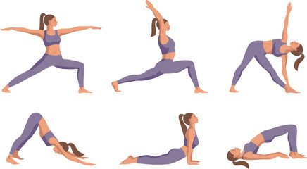 Various yoga poses set. Female yoga vector illustration. Healthy lifestyle