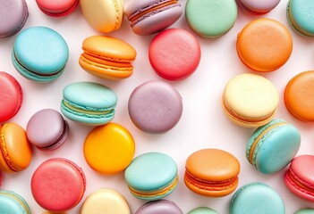 Obraz premium Seamless pattern of colorful macarons arranged on a stark white background, ideal for various designs, colorful, cute