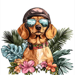 Cartoon vector illustration of a Dachshund in leather flight helmet next to pastel summer sunglasses and wave motifs on white background no shadow pastel summer theme.

