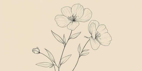 A minimalist botanical line art featuring delicate flowers and leaves on a neutral background