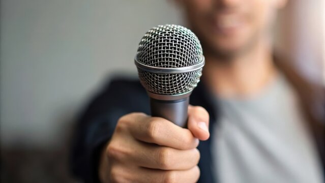 A person holding a microphone, ready to speak or perform, conveying confidence and engagement.