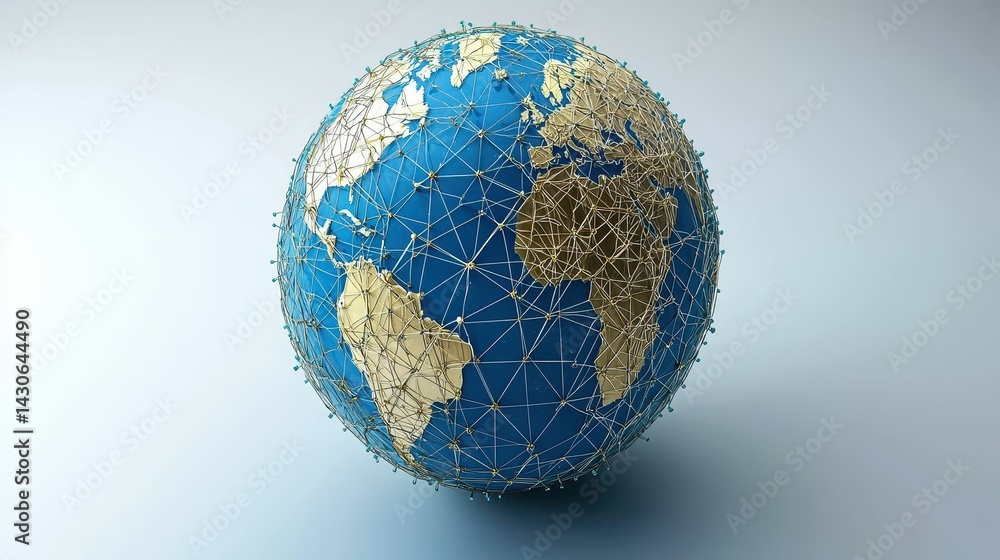 Poster 3d model of a connected globe with a blue and gold color scheme.