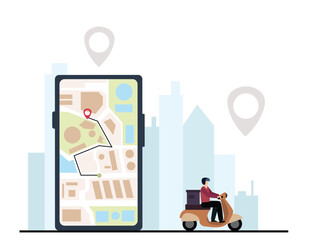 Delivery man service Courier riding a scooter with location tracking app on big smartphone vector  illustration