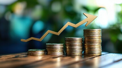 Golden coins stacked with an upward arrow representing financial growth.