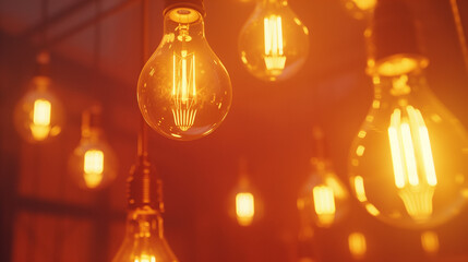 Floating light bulbs in warm glow, symbolizing creative ideas and innovation in a minimalist setting