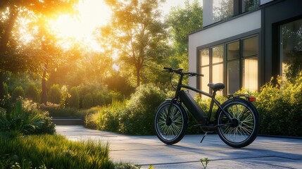 Fototapeta premium A black electric bicycle parked in front of a modern home with a lush green garden in the background. The sun is setting, casting a warm glow on the scene.
