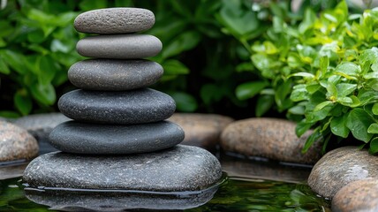 Mental heath with mindfulness and prevention idea. Stacked stones surrounded by greenery near water.