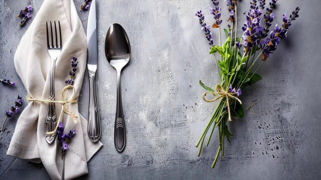A beautifully arranged table displays silver cutlery paired with fresh lavender, creating a calm and inviting atmosphere for dining