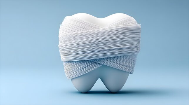 Creative dental concept with a tooth wrapped in dental floss