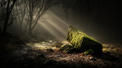 Forest rock illuminated by sunlight
