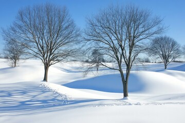 Winter landscape with snow-covered hills and bare trees