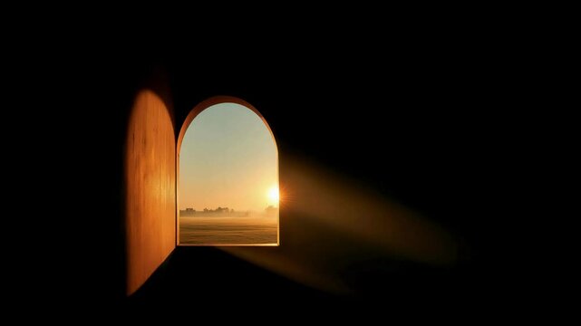Sunrise light through arched window in darkness
