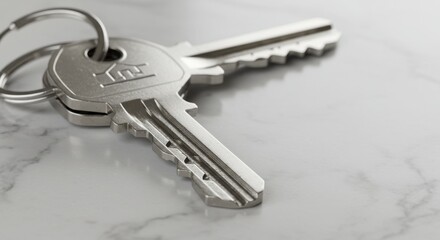 Closeup of Two Shiny Silver House Keys on a Marble Surface