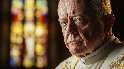 Obraz premium Solemn elderly man in traditional white papal attire with golden embroidery, standing with dignity and authority. Religious leader, spirituality and faith concept.