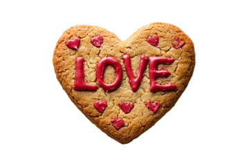 Heart shaped cookie with LOVE in red icing small hearts decorating delicious Valentine s Day treat on transparent background