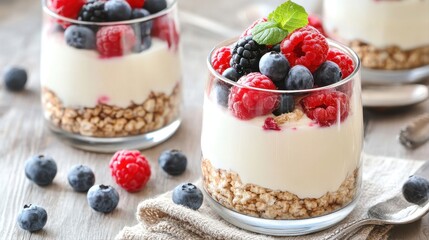 Delicious yogurt parfait with fresh berries is served in clear glass cups.