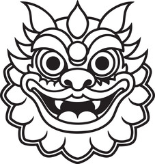 traditional lion dance mask line art, black outline, vector and illustration, coloring book page line art drawing