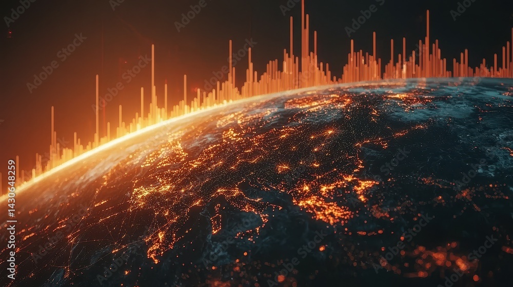 Poster abstract view of earth with vibrant orange data visualization over a dark background.