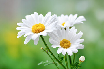 White daisies with yellow centers in soft focus against a green blurred background.