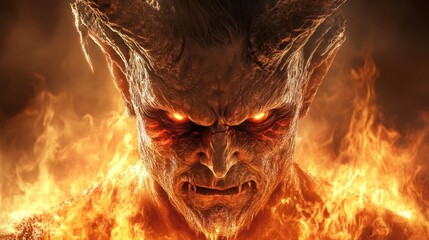 the hellish visage of a demon amidst infernal flames portrait of a fiery creature with menacing horns and burning eyes in a hellish landscape