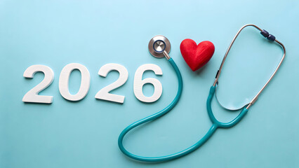 Fototapeta premium Stethoscope forming heart shape with 2026 text