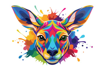 Colorful artistic kangaroo face   colorful paint splatters on white background.