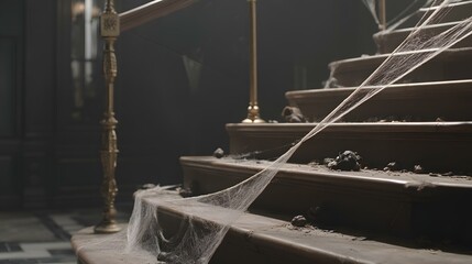 mansion staircase with cobwebs, rotting wood, and a faint ghostly presence lurking in the shadows