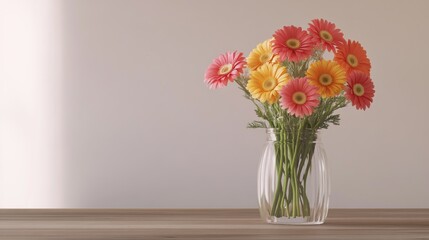 Fototapeta premium A bouquet of vibrant orange and yellow gerbera daisies in a clear vase on a wooden table