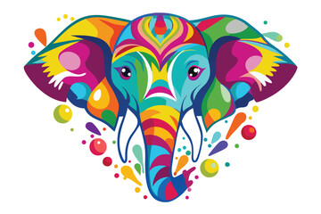 Colorful artistic elephant face colorful paint splatters on white background.