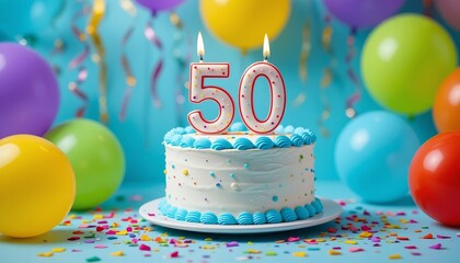 50th birthday cake. Celebrating Milestone 50th Birthday with Cake and Balloons