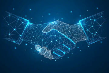 Futuristic wireframe handshake on dark background