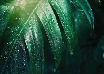 Obraz premium Green leaves with water drops. Natural background. Close-up
