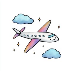Naklejka premium Cartoon Airplane Flying Through Blue Sky with Clouds and Stars