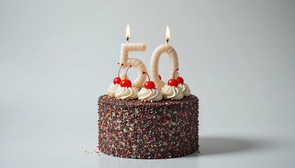 50th birthday cake. Celebrating with a Chocolate Sprinkled Cake and Number Candles