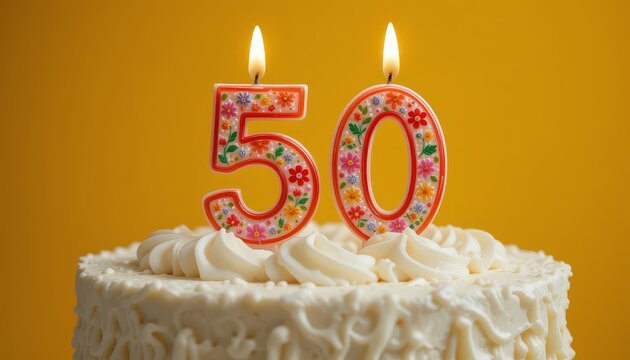 50th birthday cake. Celebrating with Cake Candles Displaying Number Fifty